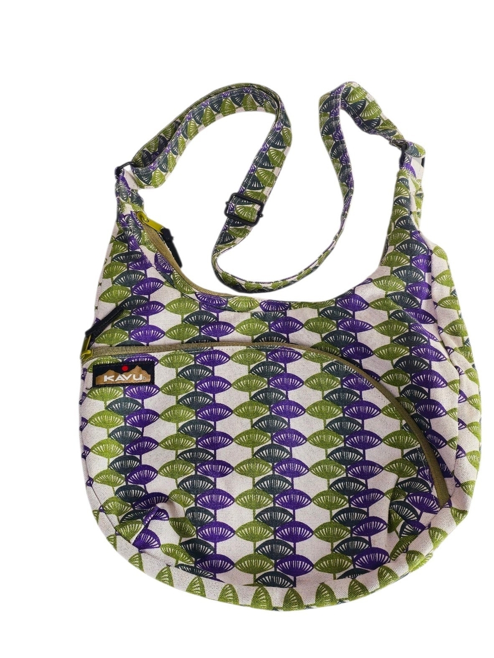KAVU Sydney Satchel Crossbody Bag Purple & Green Geometric Pattern - Picture 3 of 14